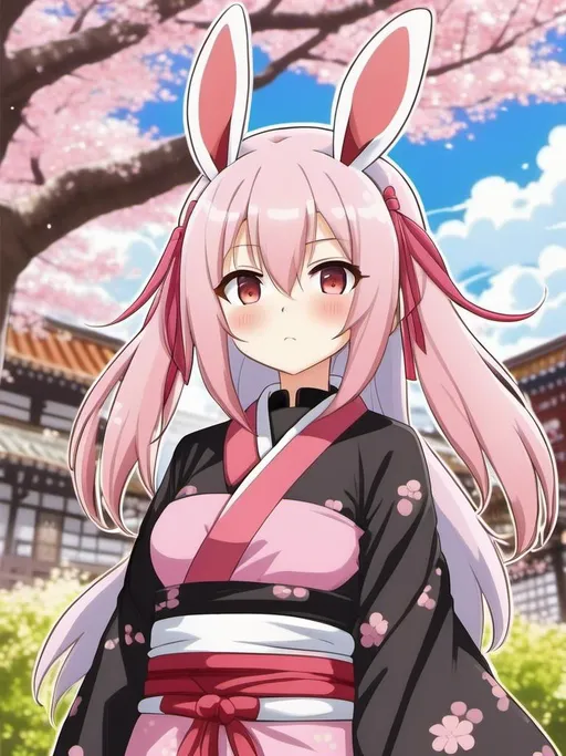 Prompt: <mymodel> a bunny woman with pink  hair, brown eyes color, she wears a colored kimono, cherry blossom, walk in a cherry blossom alley, world of medieval fantasy, high quality, japan anime style with large expressive eyes, beautiful blue sky, HD, 4K (Full body shot, wide shot)