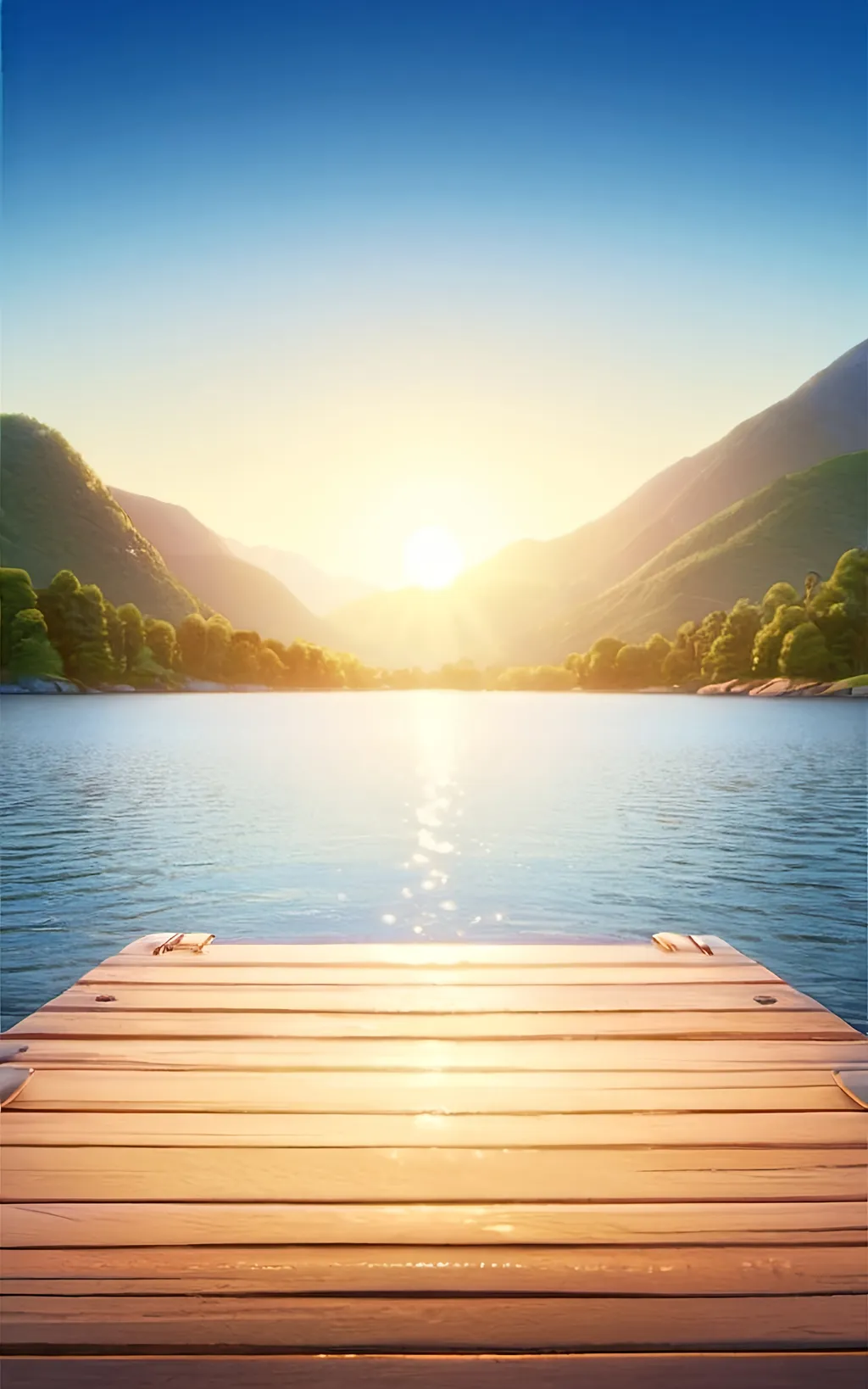 Prompt: Disney Pixar style of a wooden dock centred in front of a calm tranquil lake with a mountain range in the background and a sun setting on the horizon