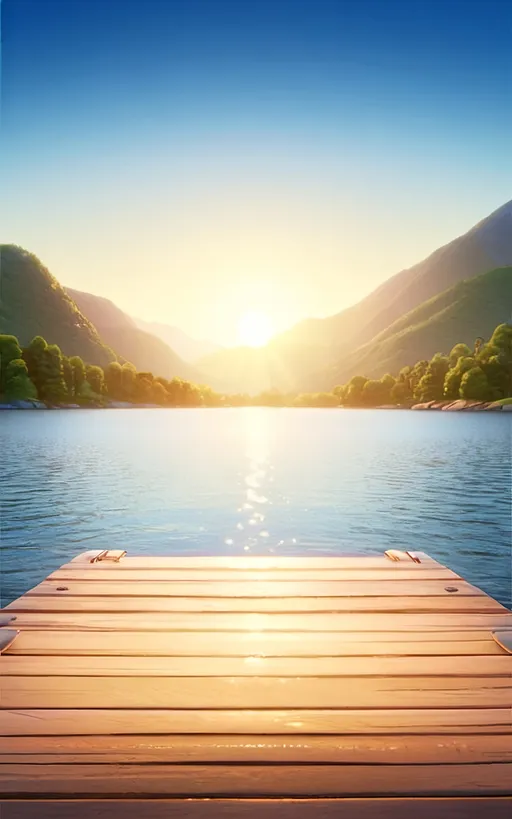 Prompt: Disney Pixar style of a wooden dock centred in front of a calm tranquil lake with a mountain range in the background and a sun setting on the horizon