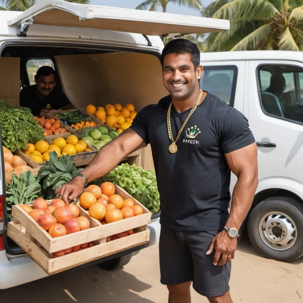 Prompt: A well built man loading fresh fruits and vegetables into the van. The man is of Indian origin and looks like a body builder. He is wearing a t-shirt with the logo 'Aweer Connect'. The background is a beach and the van is parked in front of a fruits and vegetables stall. There are many beautiful girls smiling at this man while walking past him. The van has 'Aweer Connect' painted on the side. The man is smiling and doing his work. The fruits and vegetables looks fresh. The man is wearing a thin gold chain around his neck and he has a gold & silver chains around his arms. The man has rings on all his fingers and he has a black silver chain on his right leg. He is wearing a Rolex watch. 