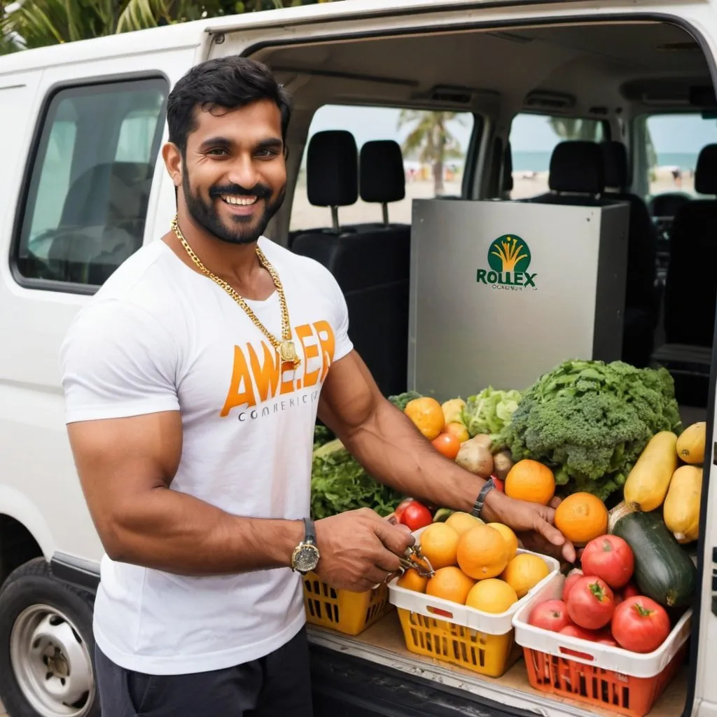 Prompt: A well built man loading fresh fruits and vegetables into the van. The man is of Indian origin and looks like a body builder. He is wearing a t-shirt with the logo 'Aweer Connect'. The background is a beach and the van is parked in front of a fruits and vegetables stall. There are many beautiful girls smiling at this man while walking past him. The van has 'Aweer Connect' painted on the side. The man is smiling and doing his work. The fruits and vegetables looks fresh. The man is wearing a thin gold chain around his neck and he has a gold & silver chains around his arms. The man has rings on all his fingers and he has a black silver chain on his right leg. He is wearing a Rolex watch. 