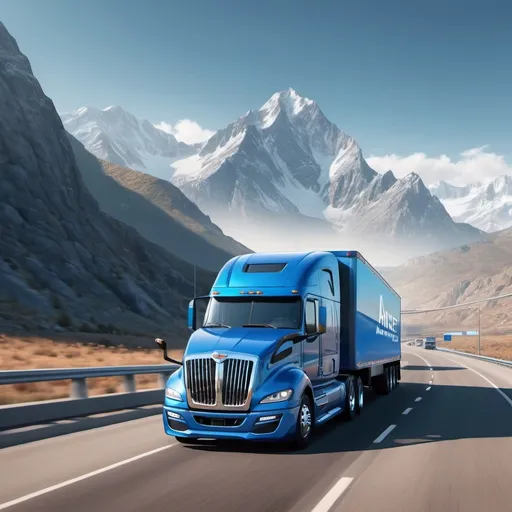 Prompt: a blue semi truck with side painted ' AWEER CONNECT' driving down a highway next to a mountain range in the background with a mountain range in the background, Esaias Boursse, futurism, realistic render, a digital rendering