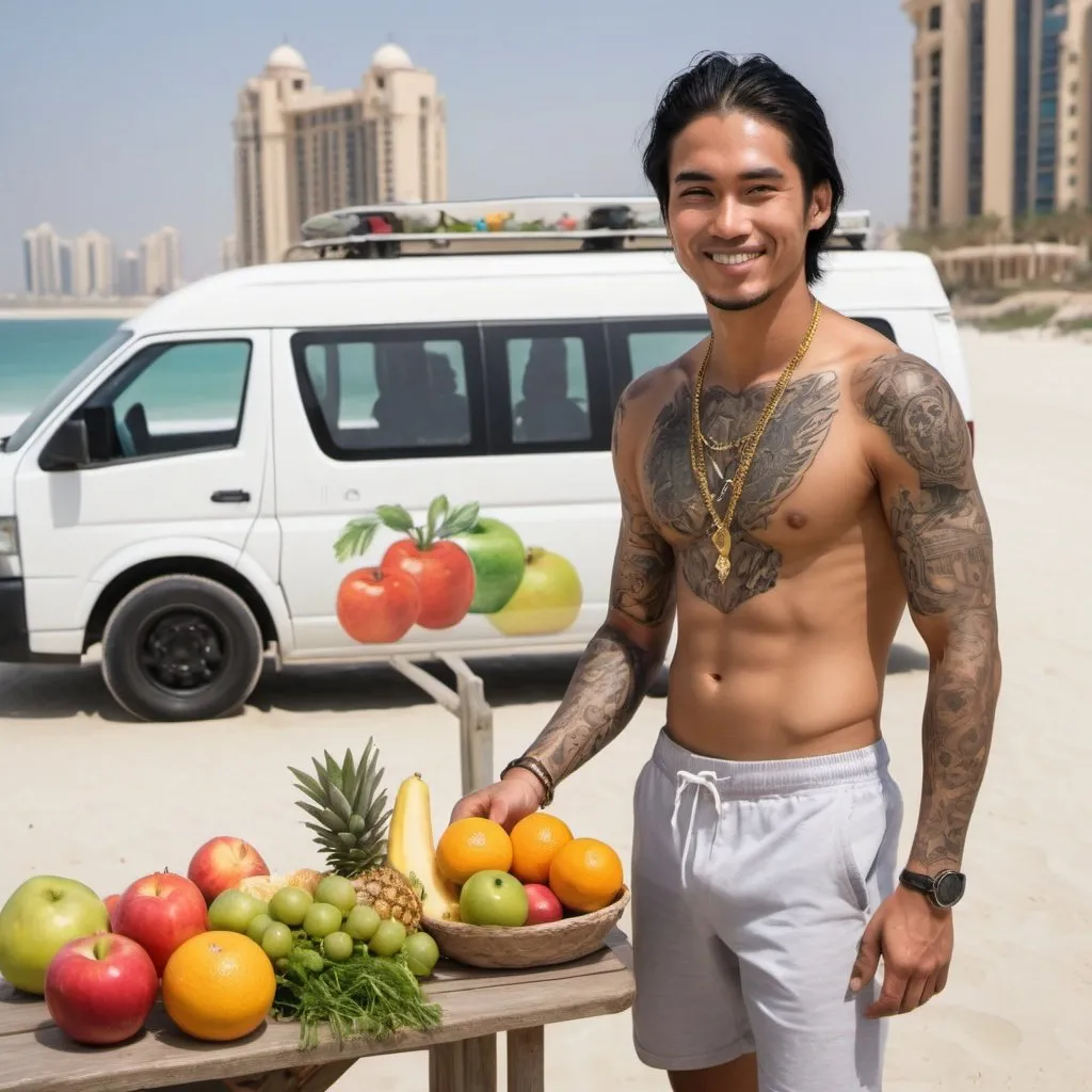 Prompt: A white van painted 'AWEER CONNECT' is parked on the beach in Dubai. A beautiful slim dark haired woman wearing a business attire is paying the driver of the van money. The van door is open and there is lots of fresh fruits and vegetables in the van. Children are skate boarding in the background. The sea can be seen. Both the man and woman are laughing. The man is of Asian origin with black hair and he is well built. He has a tattoo on his arm and is wearing rings and gold silver chains on his fingers and arms. ' AWEER CONNECT' logo is there in this image. Lots of fresh fruits and vegetables lying in this image. 