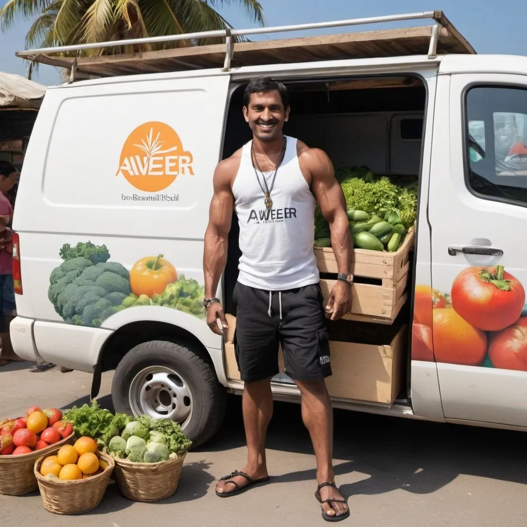 Prompt: A well built man loading fresh fruits and vegetables into the van. The man is of Indian origin and looks like a body builder. He is wearing a t-shirt with the logo 'Aweer Connect'. The background is a beach and the van is parked in front of a fruits and vegetables stall. There is a beautiful slim Asian girl with black hair  wearing micro mini shorts buying vegetables from this man while walking past him. The van has 'Aweer Connect' painted on the side. The man is smiling and doing his work. The fruits and vegetables looks fresh. The man is wearing a thin gold chain around his neck and he has a gold & silver chains around his arms. The man has rings on all his fingers and he has a black silver chain on his right leg. There is a yacht visible in this picture. 