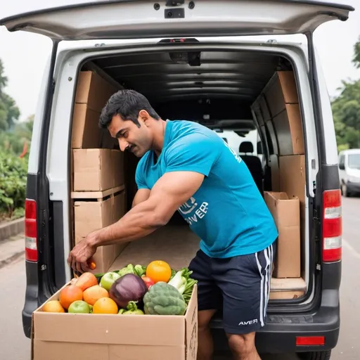 Prompt: A well built man loading fresh fruits and vegetables into the van. The man is of Indian origin and looks like a body builder. He is wearing a t-shirt with the logo 'Aweer Connect'. 