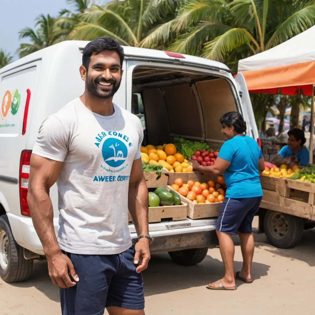 Prompt: A well built man loading fresh fruits and vegetables into the van. The man is of Indian origin and looks like a body builder. He is wearing a t-shirt with the logo 'Aweer Connect'. The background is a beach and the van is parked in front of a fruits and vegetables stall. There are many beautiful girls smiling at this man while walking past him. The van has 'Aweer Connect' painted on the side. The man is smiling and doing his work. The fruits and vegetables looks fresh. 