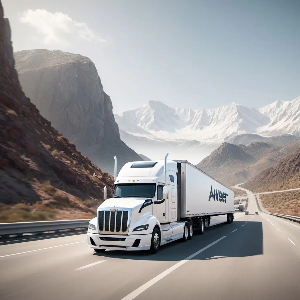 Prompt: a white semi truck with side painted ' AWEER CONNECT' driving down a highway next to a mountain range in the background with a mountain range of gulf region in the background, Esaias Boursse, futurism, realistic render