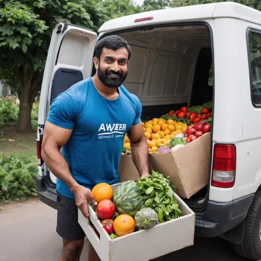 Prompt: A well built man loading fresh fruits and vegetables into the van. The man is of Indian origin and looks like a body builder. He is wearing a t-shirt with the logo 'Aweer Connect'. 