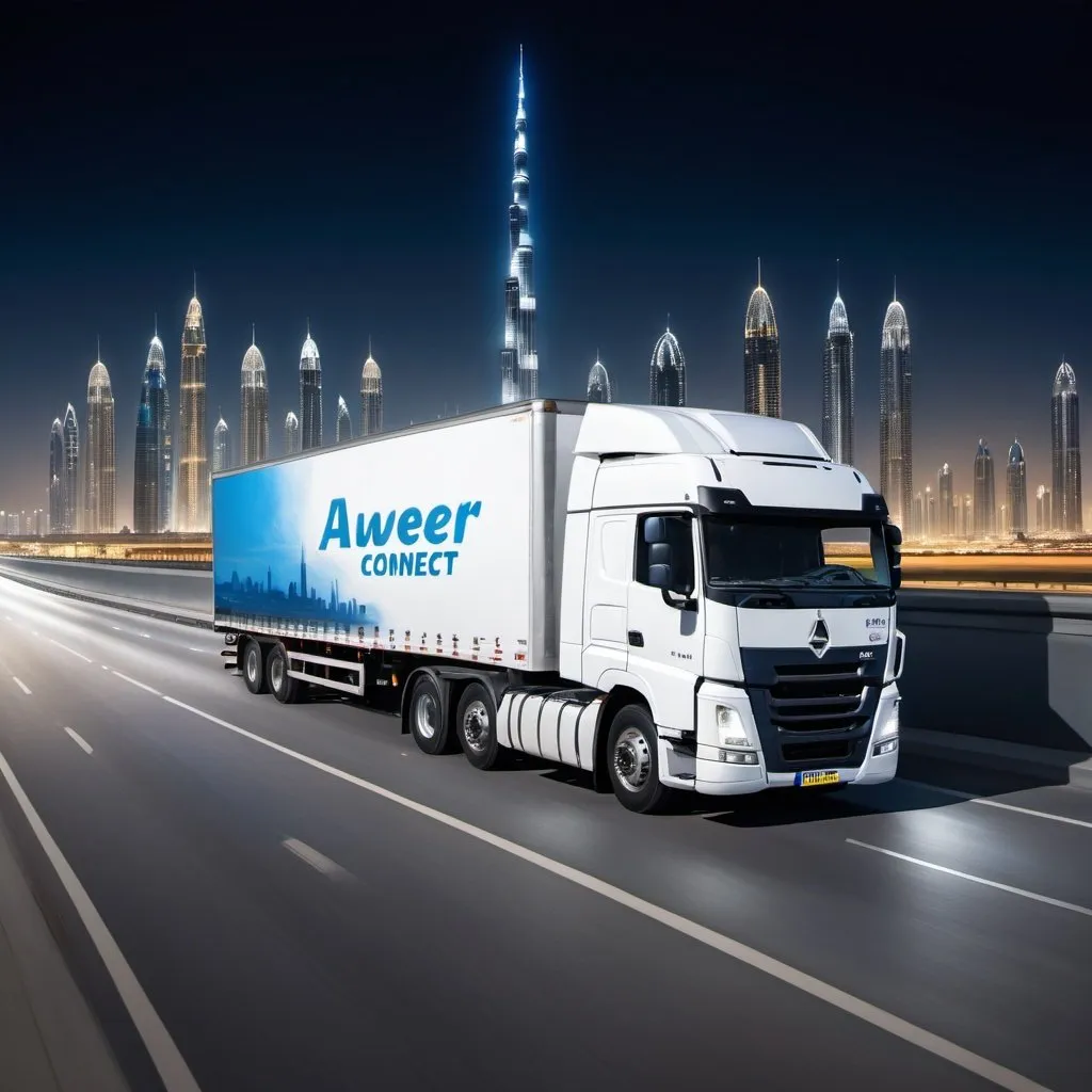 Prompt: a white truck having ' AWEER CONNECT' painted, driving down a highway with Dubai  city in the background at night time with a blue sky and white truck, Carl Walter Liner, realistic  scene , turnaround,