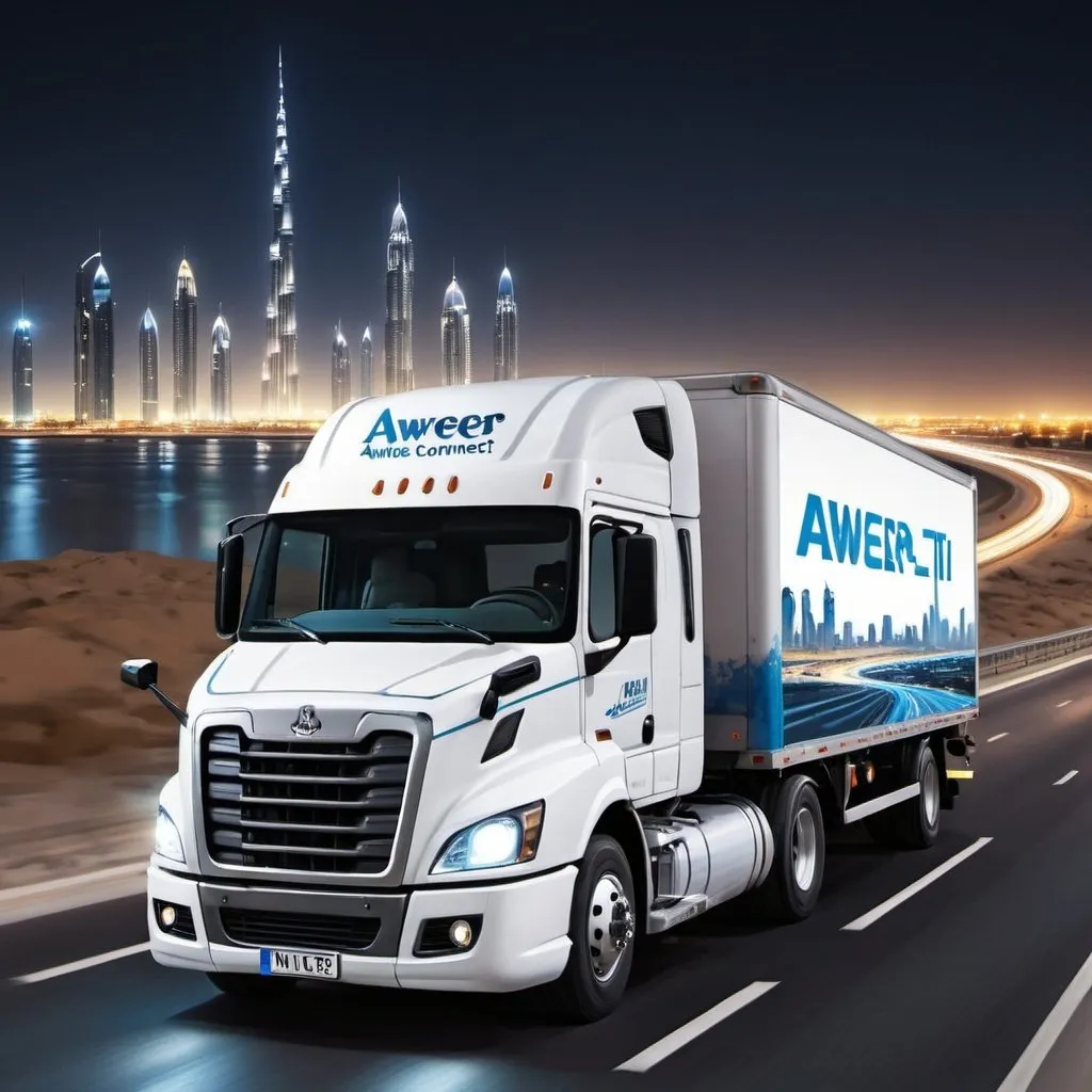 Prompt: a white truck having ' AWEER CONNECT' painted, driving down a highway with Dubai  city in the background at night time with a blue sky and white truck, Carl Walter Liner, realistic  scene , turnaround,