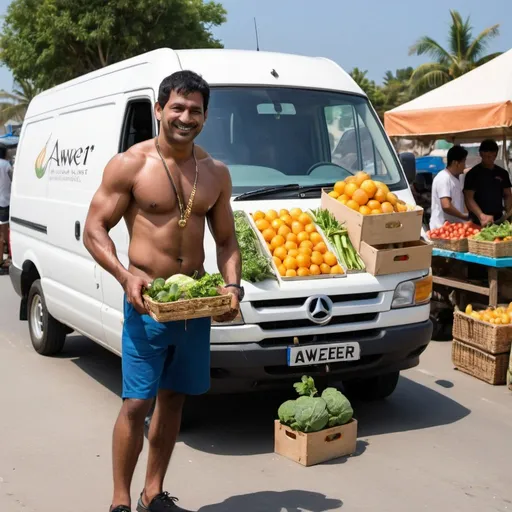 Prompt: A well built man loading fresh fruits and vegetables into the van. The man is of Indian origin and looks like a body builder. He is wearing a t-shirt with the logo 'Aweer Connect'. The background is a beach and the van is parked in front of a fruits and vegetables stall. There is a beautiful slim Asian girl with black hair  wearing micro mini shorts buying vegetables from this man while walking past him. The van has 'Aweer Connect' painted on the side. The man is smiling and doing his work. The fruits and vegetables looks fresh. The man is wearing a thin gold chain around his neck and he has a gold & silver chains around his arms. The man has rings on all his fingers and he has a black silver chain on his right leg. There is a yacht visible in this picture. 