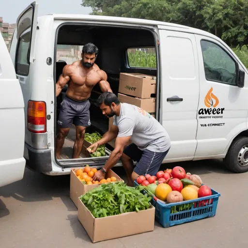 Prompt: A well built man loading fresh fruits and vegetables into the van. The man is of Indian origin and looks like a body builder. He is wearing a t-shirt with the logo 'Aweer Connect'. 