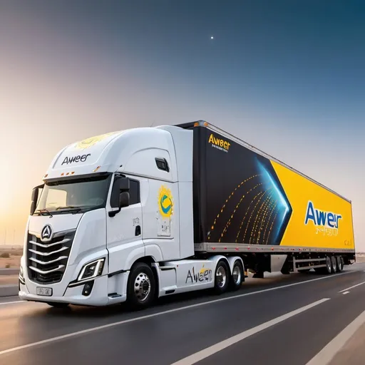 Prompt: a futuristic semi truck having 'AWEER CONNECT' painted, driving down a highway in the United Arab Emirates, with a sky background and a yellow light on the side of the truck. A well built Indian man is standing next to the truck. His dress has the logo ' Aweer Connect' 