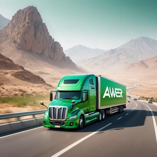 Prompt: a green semi truck with side painted ' AWEER CONNECT' driving down a highway next to a mountain range in the Arab region in the background with a mountain range of gulf region in the background, Esaias Boursse, futurism, realistic render