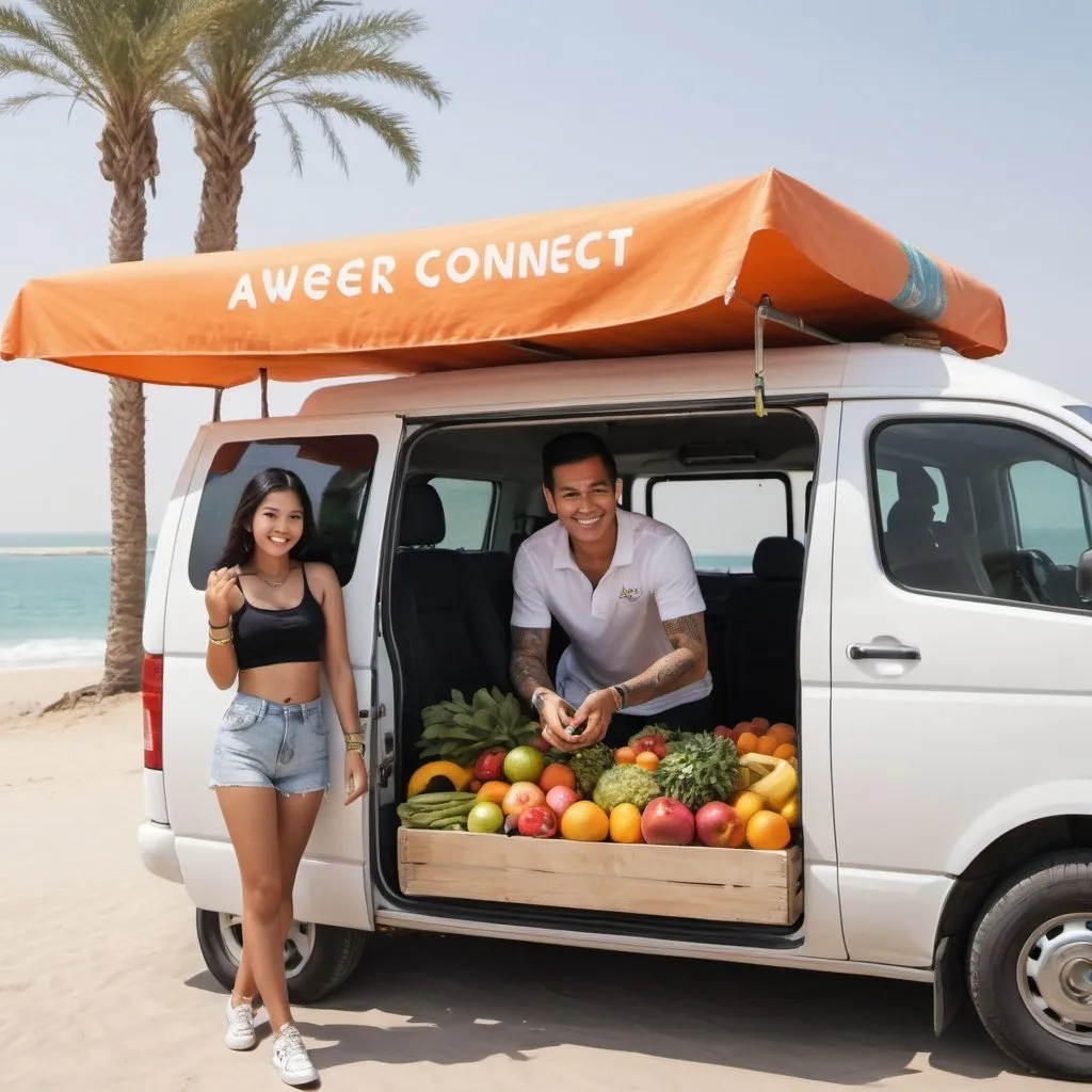 Prompt: A white van painted 'AWEER CONNECT' is parked on the beach in Dubai. A beautiful slim dark haired woman wearing a business attire is paying the driver of the van money. The van door is open and there is lots of fresh fruits and vegetables in the van. Children are skate boarding in the background. The sea can be seen. Both the man and woman are laughing. The man is of Asian origin with black hair and he is well built. He has a tattoo on his arm and is wearing rings and gold silver chains on his fingers and arms. ' AWEER CONNECT' logo is there in this image. Lots of fresh fruits and vegetables lying in this image. 