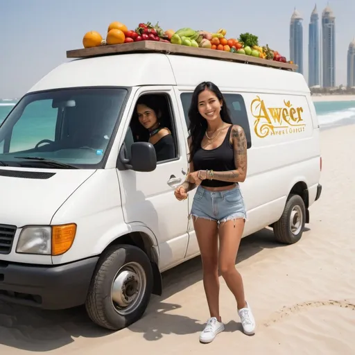 Prompt: A white van painted 'AWEER CONNECT' is parked on the beach in Dubai. A beautiful slim dark haired woman wearing a business attire is paying the driver of the van money. The van door is open and there is lots of fresh fruits and vegetables in the van. Children are skate boarding in the background. The sea can be seen. Both the man and woman are laughing. The man is of Asian origin with black hair and he is well built. He has a tattoo on his arm and is wearing rings and gold silver chains on his fingers and arms. ' AWEER CONNECT' logo is there in this image. Lots of fresh fruits and vegetables lying in this image. 