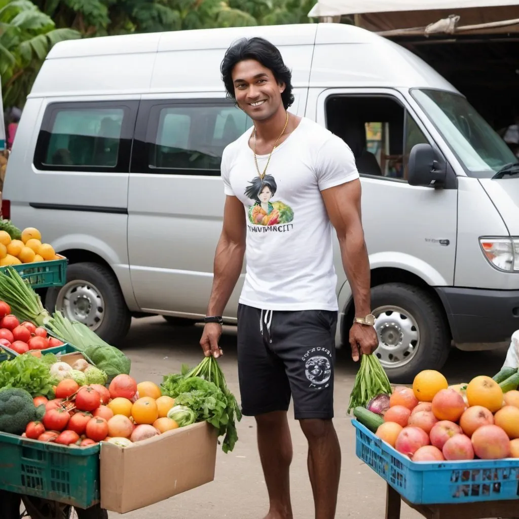 Prompt: A well built man with black hair on his head  loading fresh fruits and vegetables into the van. The man is of Indian origin and looks like a body builder. He is wearing a t-shirt with the logo 'Aweer Connect'. The background is a beach and the van is parked in front of a fruits and vegetables stall. There is a beautiful slim Asian girl with black hair  wearing micro mini shorts buying vegetables from this man while walking past him. The van has 'Aweer Connect' painted on the side. The man is smiling and doing his work. The fruits and vegetables looks fresh. The man is wearing a thin gold chain around his neck and he has a gold & silver chains around his arms. The man has rings on all his fingers and he has a black silver chain on his right leg. There is a yacht visible in this picture. There is no hair visible on the body of the man and girl. Lots of fresh fruits and vegetables in this picture. 