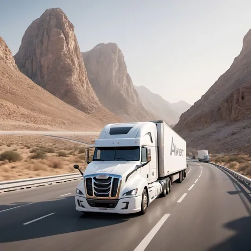 Prompt: a white semi truck with side painted ' AWEER CONNECT' driving down a highway next to a mountain range in the Arab region in the background with a mountain range of gulf region in the background, Esaias Boursse, futurism, realistic render