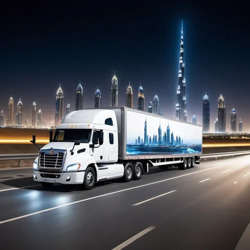 Prompt: a white truck having ' AWEER CONNECT' painted, driving down a highway with Dubai  city in the background at night time with a blue sky and white truck, Carl Walter Liner, realistic  scene , turnaround,