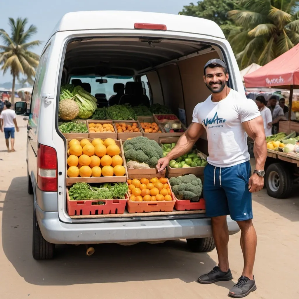 Prompt: A well built man loading fresh fruits and vegetables into the van. The man is of Indian origin and looks like a body builder. He is wearing a t-shirt with the logo 'Aweer Connect'. The background is a beach and the van is parked in front of a fruits and vegetables stall. There are many beautiful girls smiling at this man while walking past him. The van has 'Aweer Connect' painted on the side. The man is smiling and doing his work. The fruits and vegetables looks fresh. 