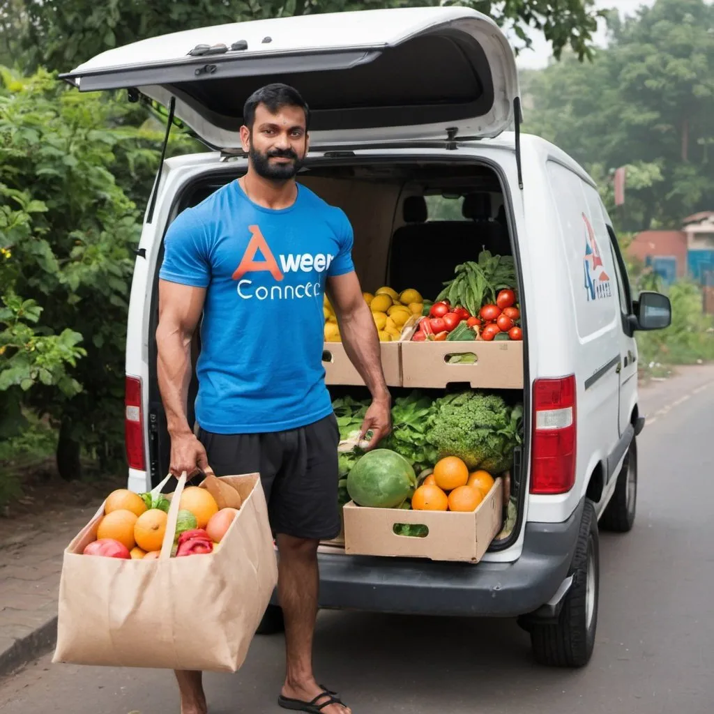 Prompt: A well built man loading fresh fruits and vegetables into the van. The man is of Indian origin and looks like a body builder. He is wearing a t-shirt with the logo 'Aweer Connect'. 