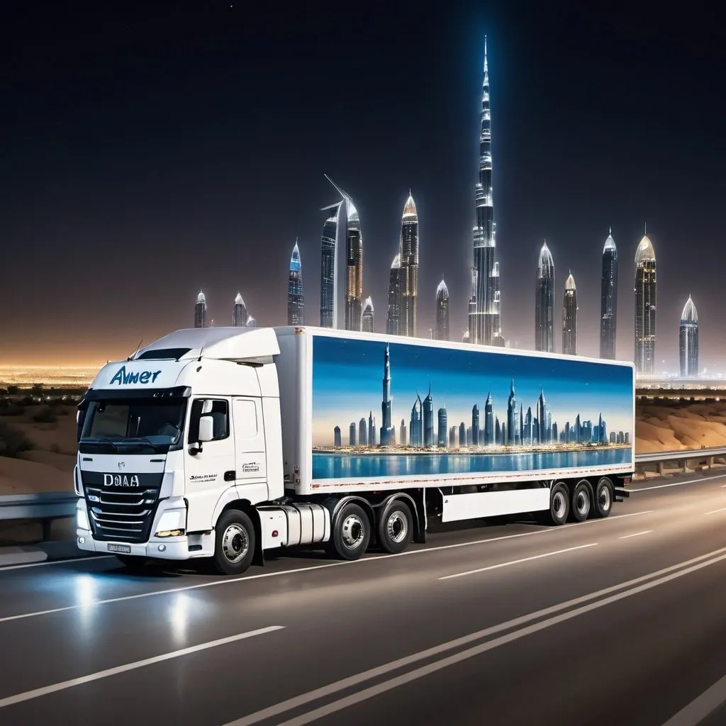 Prompt: a white truck having ' AWEER CONNECT' painted, driving down a highway with Dubai  city in the background at night time with a blue sky and white truck, Carl Walter Liner, realistic  scene , turnaround,