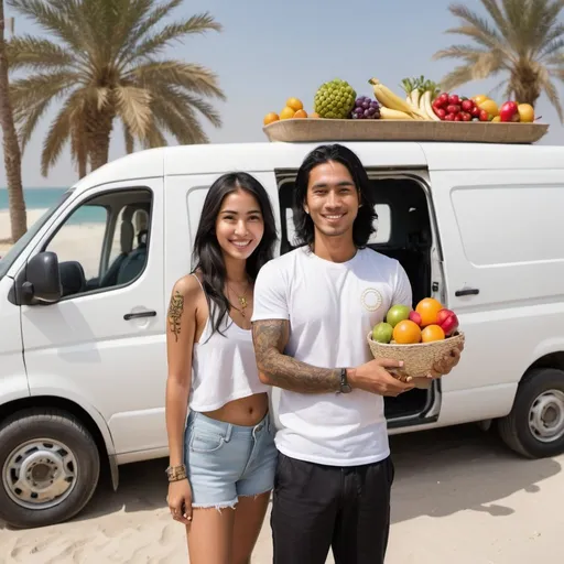 Prompt: A white van painted 'AWEER CONNECT' is parked on the beach in Dubai. A beautiful slim dark haired woman wearing a business attire is paying the driver of the van money. The van door is open and there is lots of fresh fruits and vegetables in the van. Children are skate boarding in the background. The sea can be seen. Both the man and woman are laughing. The man is of Asian origin with black hair and he is well built. He has a tattoo on his arm and is wearing rings and gold silver chains on his fingers and arms. ' AWEER CONNECT' logo is there in this image. Lots of fresh fruits and vegetables lying in this image. 