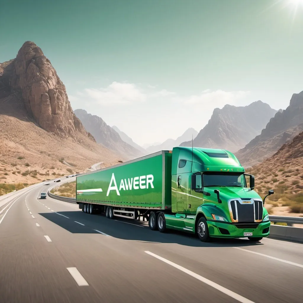 Prompt: a green semi truck with side painted ' AWEER CONNECT' driving down a highway next to a mountain range in the Arab region in the background with a mountain range of gulf region in the background, Esaias Boursse, futurism, realistic render