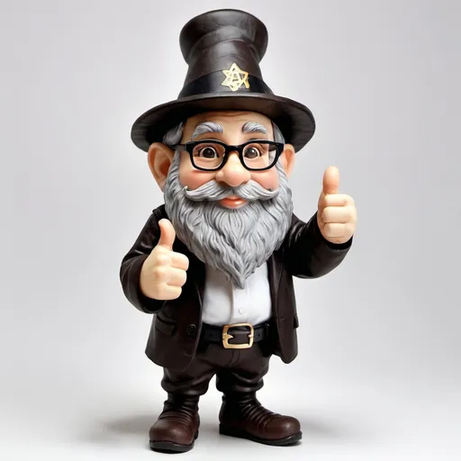 Prompt: a full body image of a rabbi gnome with dark brown hair and beard, wearing glasses with rabbi hat giving thumbs up