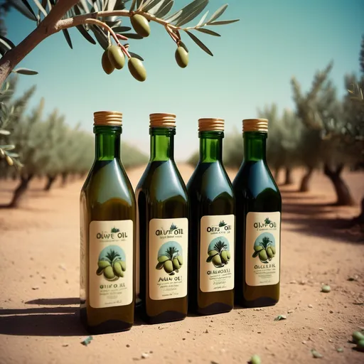 Prompt: i want images for Olive oil brand with Egyptian and Arabic identity Analog film photography still, portrait of bottles in olives farm in Egypt , grainy fujifilm film, anaglyph effect