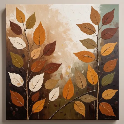 Prompt: Primitives with leaf cover, abstract art, earthy tones, textured brushstrokes, high quality, oil painting, rustic style, warm lighting, detailed leaves, organic shapes, natural elements, traditional art, textured canvas, serene atmosphere