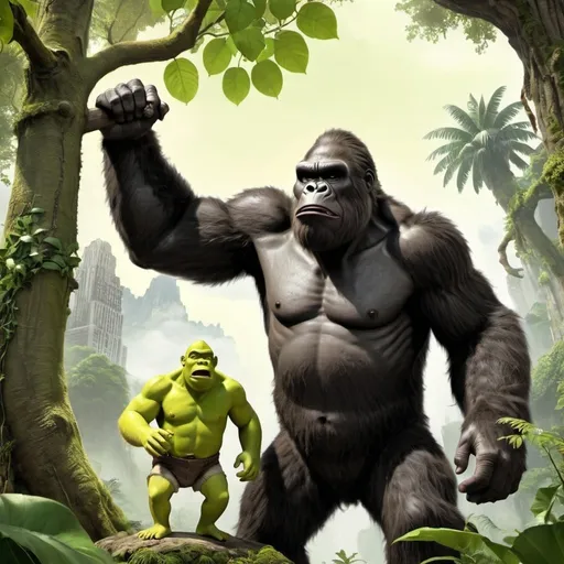 Prompt: king kong in a jungle with shrek in a tree


