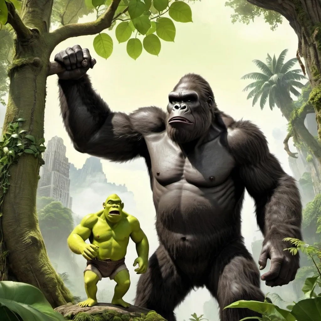 Prompt: king kong in a jungle with shrek in a tree


