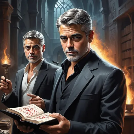 Prompt: Contemporary wizard, who looks like George Clooney, planning a heist with his partner, Brad Pitt, magical runes around them, pulp book cover