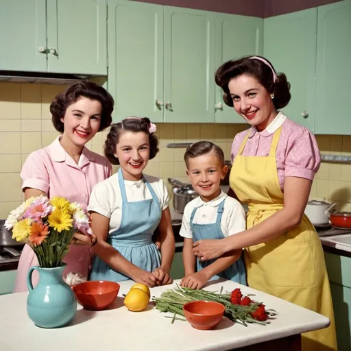 Prompt: IMAGEN 
años 50 estadounidenses con familias happy flawers “tipo cocinas con electrodomésticos de colores pastel”
