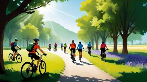 Prompt: Imagine a vibrant, welcoming image designed to capture the attention of your team and inspire excitement for an upcoming bike tour. The scene is set in a picturesque, flat landscape under a bright, clear sky. The sun beams down, casting soft shadows and highlighting the vivid colors of the environment. A diverse group of smiling people, clad in casual yet comfortable biking attire, gather around a variety of bicycles. Some are standing, holding their bikes, while others are seated, looking ready to embark on an adventure. In the foreground, a path stretches out, invitingly flat and promising an enjoyable ride without the challenge of hills. The overall atmosphere is one of camaraderie, anticipation, and the joy of shared outdoor activities. Trees line the path, offering a sense of tranquility and connection to nature, but the focus remains on the happy, enthusiastic group and the journey ahead. This image is to serve as a visual announcement, sparking interest and excitement among employees for the bike tour, emphasizing the event's accessibility and the opportunity for team building in a beautiful, easygoing setting.