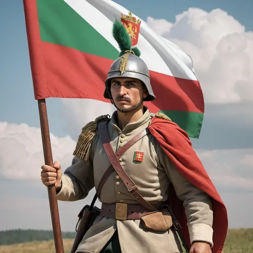 Prompt: Create an image of an ancient bulgarian soldier holding the bulgarian flag while in a battle but make the image cool looking 