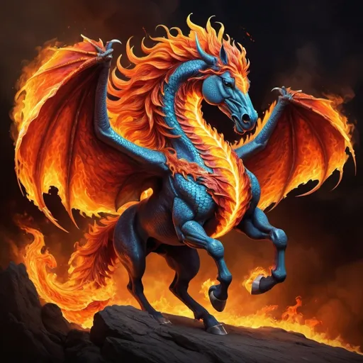 Prompt: Flaming dragon horse, fantasy illustration, majestic creature engulfed in fiery flames, vibrant and intense colors, mythical beast with elegant wings, detailed scales and fiery mane, powerful and regal stance, high quality, fantasy, vibrant colors, detailed scales, fiery mane, powerful stance, regal, majestic wings, intense colors
