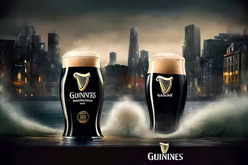 Prompt: The poster features a dynamic visual of a Guinness Draught can being opened, capturing the iconic surge and settle as the rich, velvety stout is poured into a pint glass. The background showcases diverse settings - from a bustling cityscape to a tranquil outdoor scene - illustrating the versatility of enjoying the perfect Guinness pour in any environment. The color scheme harmonizes with the rich tones of Guinness, creating a visually appealing and enticing composition.