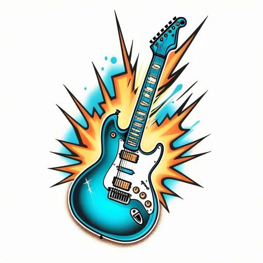 Prompt: a flash tattoo design of an electric guitar. Colored design, retro feel, no background