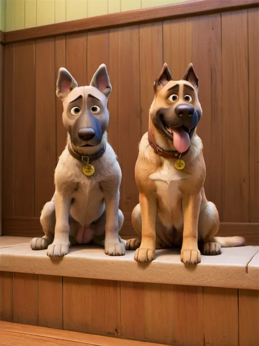 Prompt: Two dogs sit side by side on a wooden step, exuding a calm and attentive demeanor. The first, smaller and scruffy with a wavy, light brown coat and expressive eyes, gazes slightly upwards, while the second dog, a larger Belgian Malinois with a sleek, fawn-colored coat and prominent ears, looks directly ahead with a steady gaze. Behind them, the warm wood paneling creates a cozy, inviting atmosphere, enhancing the sense of companionship between the two. Soft natural light filters in, highlighting their distinctive features and casting gentle shadows on the wooden surface, which adds to the serene mood of the scene. Together, they convey a sense of loyalty and friendship, making it clear they share a close bond.