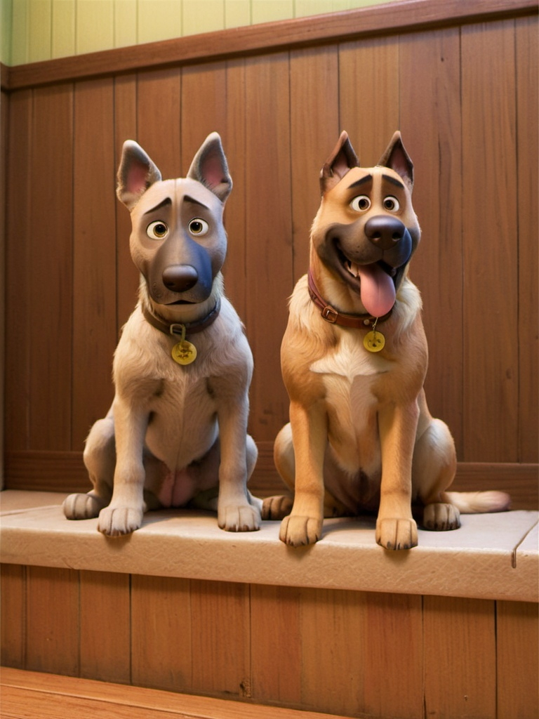 Prompt: Two dogs sit side by side on a wooden step, exuding a calm and attentive demeanor. The first, smaller and scruffy with a wavy, light brown coat and expressive eyes, gazes slightly upwards, while the second dog, a larger Belgian Malinois with a sleek, fawn-colored coat and prominent ears, looks directly ahead with a steady gaze. Behind them, the warm wood paneling creates a cozy, inviting atmosphere, enhancing the sense of companionship between the two. Soft natural light filters in, highlighting their distinctive features and casting gentle shadows on the wooden surface, which adds to the serene mood of the scene. Together, they convey a sense of loyalty and friendship, making it clear they share a close bond.