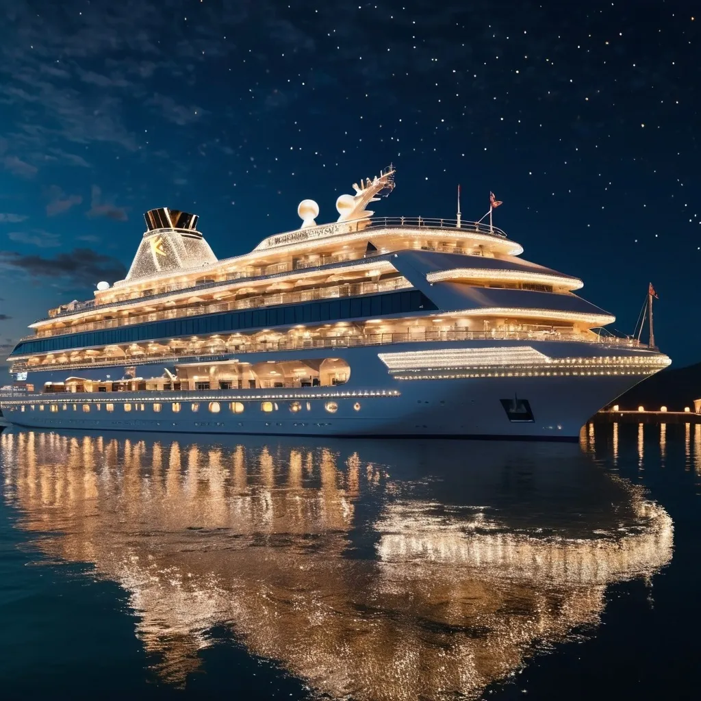 Prompt: A luxury cruise ship made of diamonds is parked on the footpath of Bilinapathianduka. It is a luxurious place with luxurious rooms. The ship is sparkling with lights. Birds fly from the ranch to see how people are happy as the ship moves. 4k quality image 