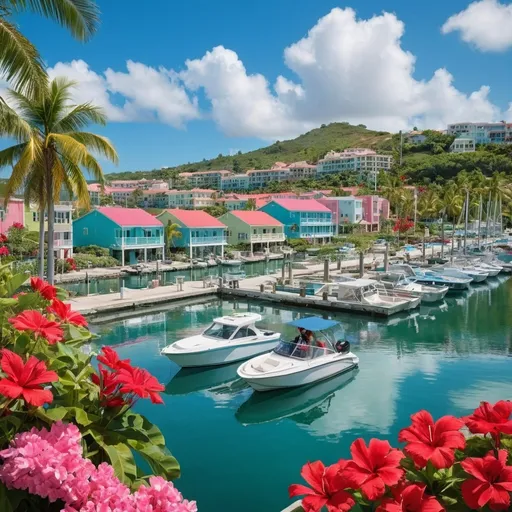 Prompt: Vibrant and picturesque coastal scene featuring a marina with several small boats docked in calm, turquoise waters. The layout includes a foreground with red flowers and green palm fronds framing the image, adding a tropical feel. In the background, a hillside is densely populated with colorful buildings, ranging from pastel pinks to yellows and whites, creating a lively urban landscape. The sky is bright blue with scattered white clouds, enhancing the overall sunny and inviting atmosphere. The marina is bordered by a stone walkway where a few people can be seen strolling, adding a sense of leisurely activity to the scene.
