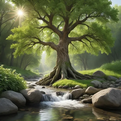 Prompt: Generate an image of a thriving tree growing next to a vibrant stream. The scene should convey a sense of tranquility and abundance. The tree should be lush with green leaves, symbolizing health and vitality, while the stream should be clear and flowing, reflecting sunlight and creating a peaceful atmosphere. The composition should emphasize the harmony between the tree and its surroundings, capturing the essence of growth and renewal in nature." hyper realistic



