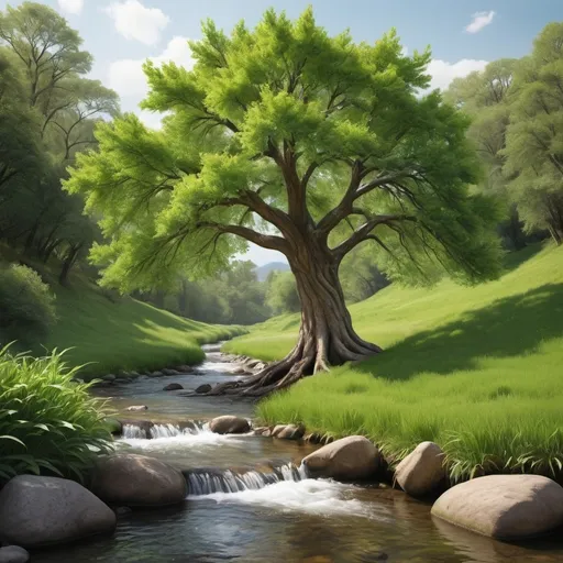 Prompt: Generate an image of a thriving tree growing next to a vibrant stream. The scene should convey a sense of tranquility and abundance. The tree should be lush with green leaves, symbolizing health and vitality, while the stream should be clear and flowing, reflecting sunlight and creating a peaceful atmosphere. The composition should emphasize the harmony between the tree and its surroundings, capturing the essence of growth and renewal in nature." hyper realistic



