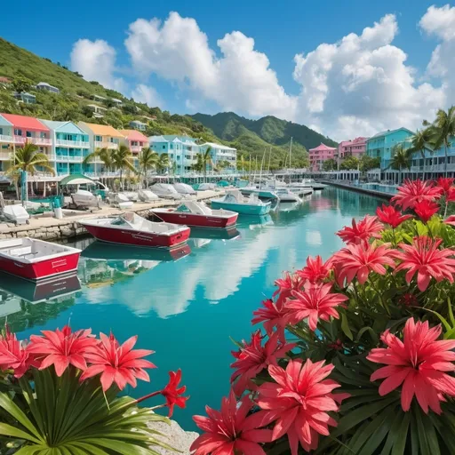 Prompt: Vibrant and picturesque coastal scene featuring a marina with several small boats docked in calm, turquoise waters. The layout includes a foreground with red flowers and green palm fronds framing the image, adding a tropical feel. In the background, a hillside is densely populated with colorful buildings, ranging from pastel pinks to yellows and whites, creating a lively urban landscape. The sky is bright blue with scattered white clouds, enhancing the overall sunny and inviting atmosphere. The marina is bordered by a stone walkway where a few people can be seen strolling, adding a sense of leisurely activity to the scene.