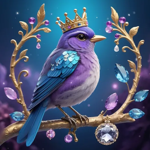 Prompt: Studio 4k ultra  styled as a fantasy illustration, featuring a small bird perched on a branch. The bird has vibrant blue feathers adorned with intricate, sparkling jewels and pearls. It wears an ornate golden crown encrusted with colorful gemstones. The background is a dreamy, blurred mix of purples and blues, enhancing the magical atmosphere. The layout includes social media interface elements, such as a 'Reels' label at the top, a profile section with the username 'miz.nature' and a 'Follow' button at the bottom, and engagement icons like a heart, comment, and share on the right side, with the number of likes displayed as 3,701.