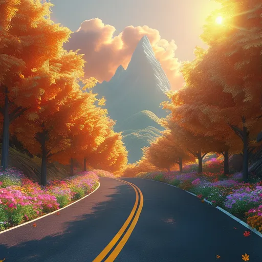 Prompt: a breathtaking 3D render of a serpentine road, flanked by lush, vibrant trees with intricate textures and colorful flowers of varying species, their petals gently swaying in the breeze, as the road disappears into the distance, culminating in a majestic mountain range with rugged peaks, surrounded by puffy, white clouds with soft, feathery textures, bathed in a warm, three-dimensional light, evoking a sense of excitement and wonder, with a ring light illuminating the scene, and a vibrant, exaggerated color palette reminiscent of Pixar, crafted using advanced rendering engines such as Unreal, Octane, and Vray, with meticulous attention to detail and an emphasis on dramatic, cinematic flair.