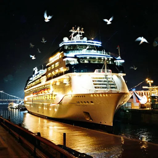 Prompt: A luxury cruise ship made of diamonds is parked on the footpath of Bilinapathianduka. It is a luxurious place with luxurious rooms. The ship is sparkling with lights. Birds fly from the ranch to see how people are happy as the ship moves. 4k quality image 